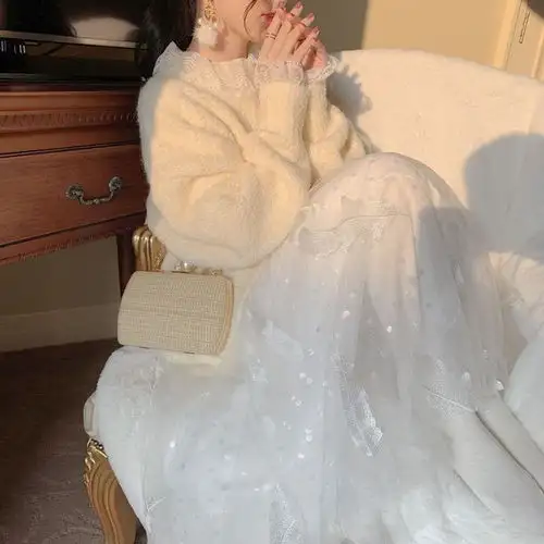网纱半身裙高腰刺绣秋冬季女2020新款仙女裙白色纱裙子中长款超仙