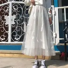 网纱半身裙秋冬季女新款仙女白色纱裙子中长款超仙刺绣羽毛
