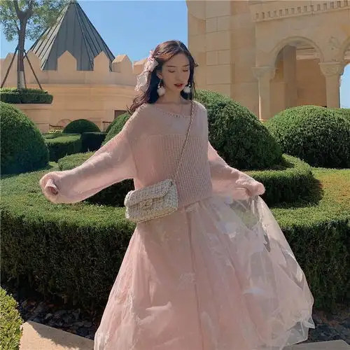网纱半身裙高腰刺绣秋冬季女2020新款仙女裙白色纱裙子中长款超仙