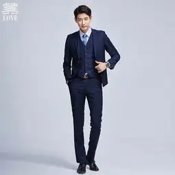 送白衬衫领带e藏蓝色男士西服套装韩版休闲小西装新郎结婚礼服