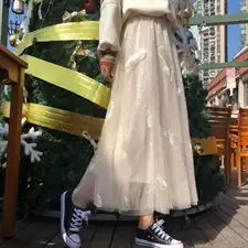 网纱半身裙秋冬季女新款仙女白色纱裙子中长款超仙刺绣羽毛